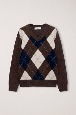 UNISEX HAIRY ALPACA ARGYLE SWEATER GREYISH BROWN