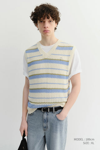 UNISEX CHUNKY STRIPED KNIT VEST SOFT BLUE - Dunst