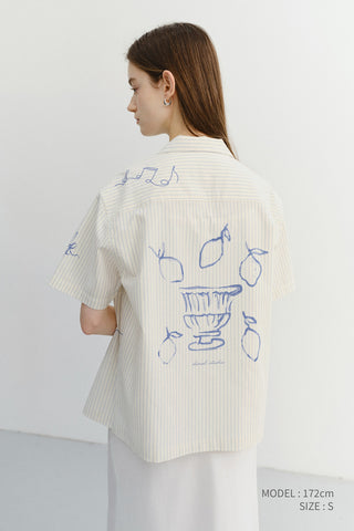 UNISEX HAND-DRAWING OPEN COLLARED SHIRT CAPRI OCEAN - Dunst