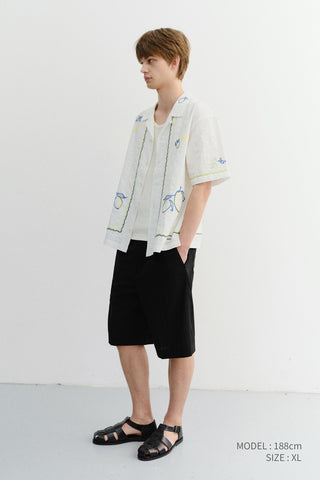 UNISEX HAND-DRAWING OPEN COLLARED SHIRT LEMON GARDEN - Dunst