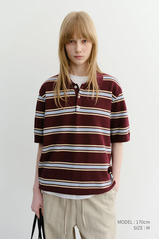 UNISEX MULTI STRIPED POLO KNIT BURGUNDY SKY BLUE - Dunst