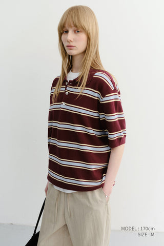 UNISEX MULTI STRIPED POLO KNIT BURGUNDY SKY BLUE - Dunst