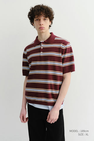 UNISEX MULTI STRIPED POLO KNIT BURGUNDY SKY BLUE - Dunst