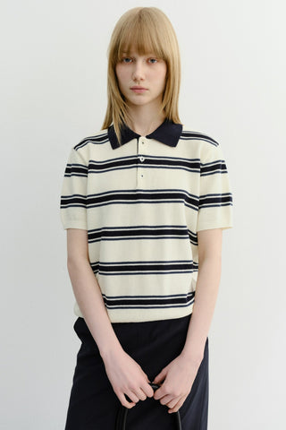 UNISEX MULTI STRIPED POLO KNIT CREAM NAVY - Dunst
