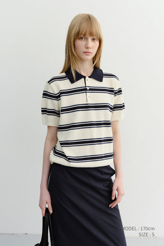 UNISEX MULTI STRIPED POLO KNIT CREAM NAVY - Dunst