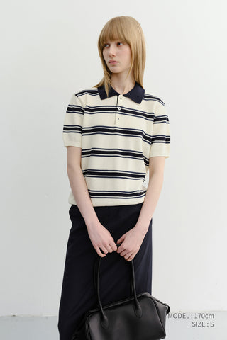 UNISEX MULTI STRIPED POLO KNIT CREAM NAVY - Dunst