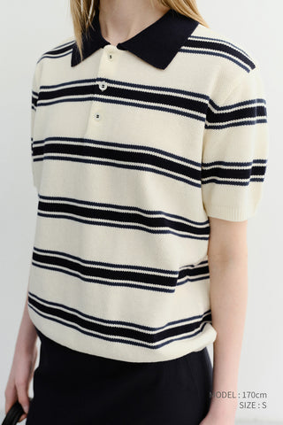 UNISEX MULTI STRIPED POLO KNIT CREAM NAVY - Dunst