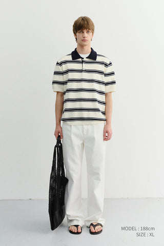 UNISEX MULTI STRIPED POLO KNIT CREAM NAVY - Dunst