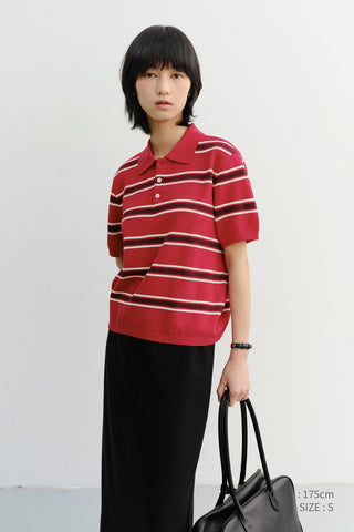 UNISEX MULTI STRIPED POLO KNIT RED BURGUNDY - Dunst