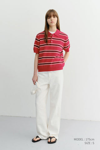 UNISEX MULTI STRIPED POLO KNIT RED BURGUNDY - Dunst