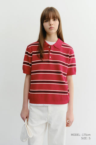 UNISEX MULTI STRIPED POLO KNIT RED BURGUNDY - Dunst