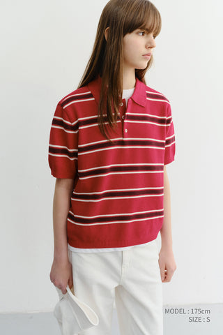 UNISEX MULTI STRIPED POLO KNIT RED BURGUNDY - Dunst