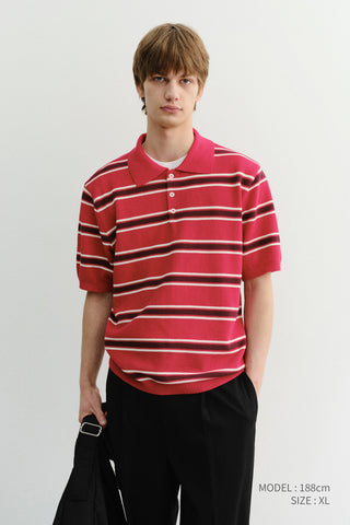 UNISEX MULTI STRIPED POLO KNIT RED BURGUNDY - Dunst