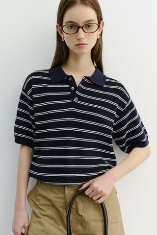 UNISEX SOFT STRIPED POLO KNIT NAVY - Dunst