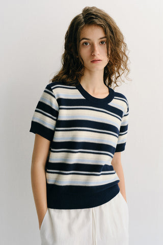 UNISEX STRIPED CREWNECK KNIT NAVY CREAM - Dunst