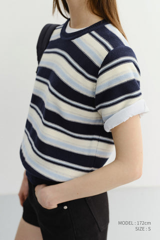 UNISEX STRIPED CREWNECK KNIT NAVY CREAM - Dunst