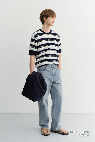 UNISEX STRIPED CREWNECK KNIT NAVY CREAM - Dunst