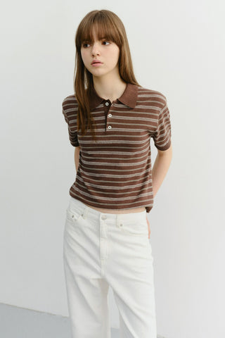 UNISEX STRIPED POLO KNIT BROWN MINT - Dunst