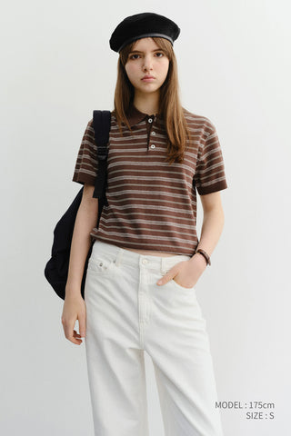 UNISEX STRIPED POLO KNIT BROWN MINT - Dunst