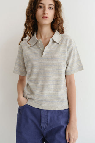 UNISEX STRIPED POLO KNIT GREY SOFT BLUE - Dunst