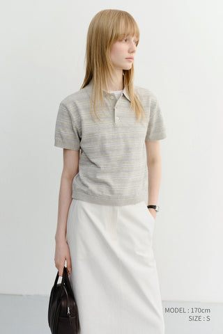 UNISEX STRIPED POLO KNIT GREY SOFT BLUE - Dunst