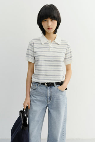 UNISEX STRIPED POLO KNIT WHITE SOFT BLUE - Dunst