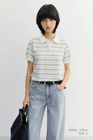 UNISEX STRIPED POLO KNIT WHITE SOFT BLUE - Dunst