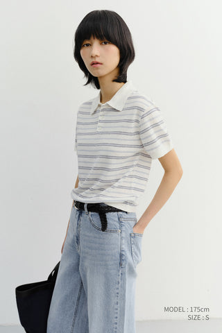 UNISEX STRIPED POLO KNIT WHITE SOFT BLUE - Dunst