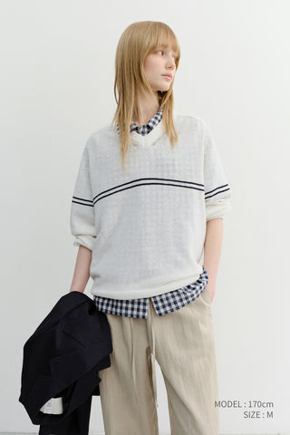 UNISEX V-NECK STRIPED SWEATER CREAM - Dunst