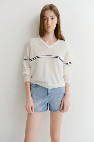 UNISEX V-NECK STRIPED SWEATER CREAM - Dunst