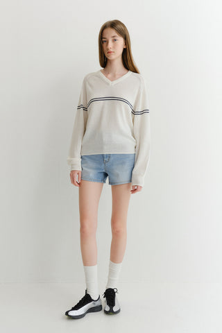 UNISEX V-NECK STRIPED SWEATER CREAM - Dunst