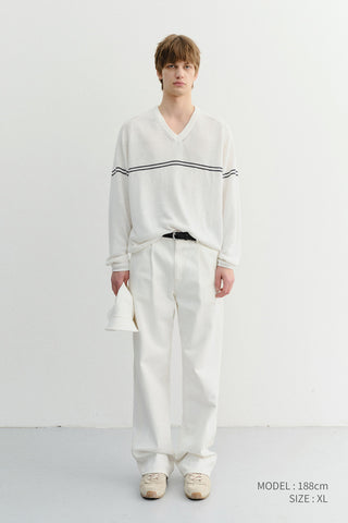 UNISEX V-NECK STRIPED SWEATER CREAM - Dunst