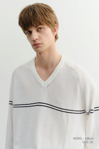 UNISEX V-NECK STRIPED SWEATER CREAM - Dunst