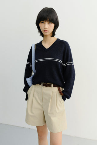 UNISEX V-NECK STRIPED SWEATER NAVY - Dunst