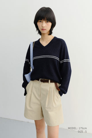 UNISEX V-NECK STRIPED SWEATER NAVY - Dunst