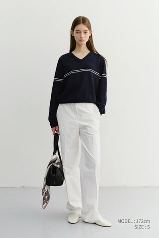 UNISEX V-NECK STRIPED SWEATER NAVY - Dunst