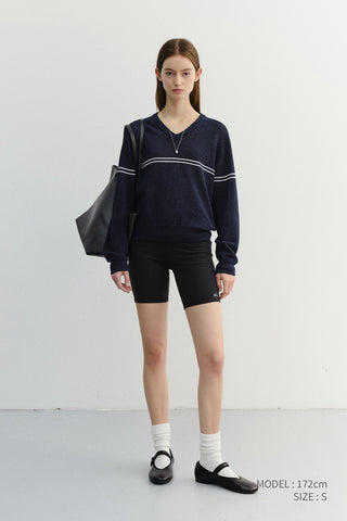 UNISEX V-NECK STRIPED SWEATER NAVY - Dunst