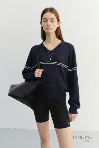 UNISEX V-NECK STRIPED SWEATER NAVY - Dunst