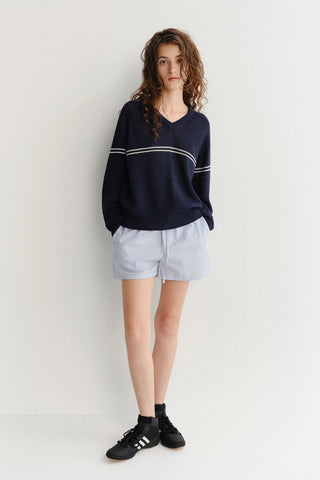 UNISEX V-NECK STRIPED SWEATER NAVY - Dunst