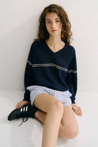 UNISEX V-NECK STRIPED SWEATER NAVY - Dunst