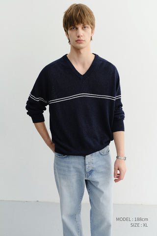 UNISEX V-NECK STRIPED SWEATER NAVY - Dunst