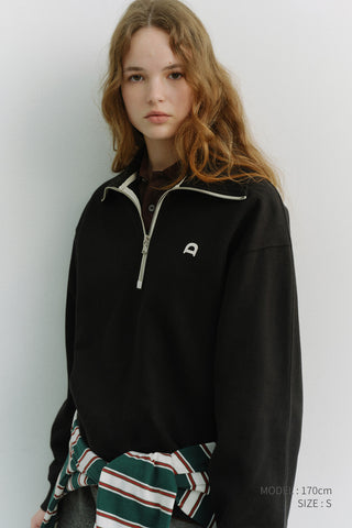 UNISEX LEATHER LOGO HALF ZIP-UP SWEATSHIRT BLACK