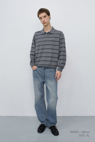 UNISEX COLLARED STRIPED SWEATER GREY