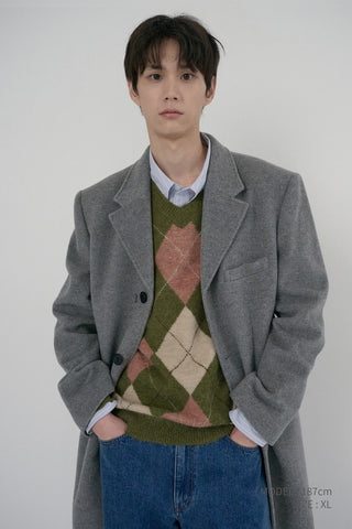 UNISEX HAIRY ALPACA ARGYLE SWEATER OLIVE KHAKI
