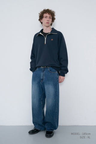 UNISEX LEATHER LOGO HALF ZIP-UP SWEATSHIRT FRENCH NAVY