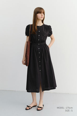 MAXI SHIRRING HALF SLEEVE DRESS BLACK