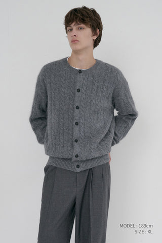 UNISEX HAIRY CABLE CREW NECK CARDIGAN MELANGE GREY