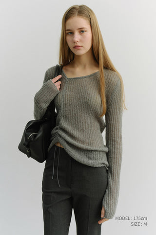 2-WAY SHIRRING KNIT TOP MELANGE GREY