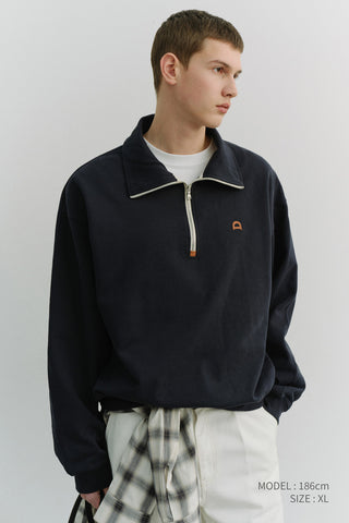 UNISEX LEATHER LOGO HALF ZIP-UP SWEATSHIRT FRENCH NAVY