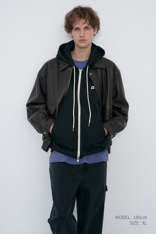 UNISEX LEATHER LOGO ZIP-UP HOODIE BLACK